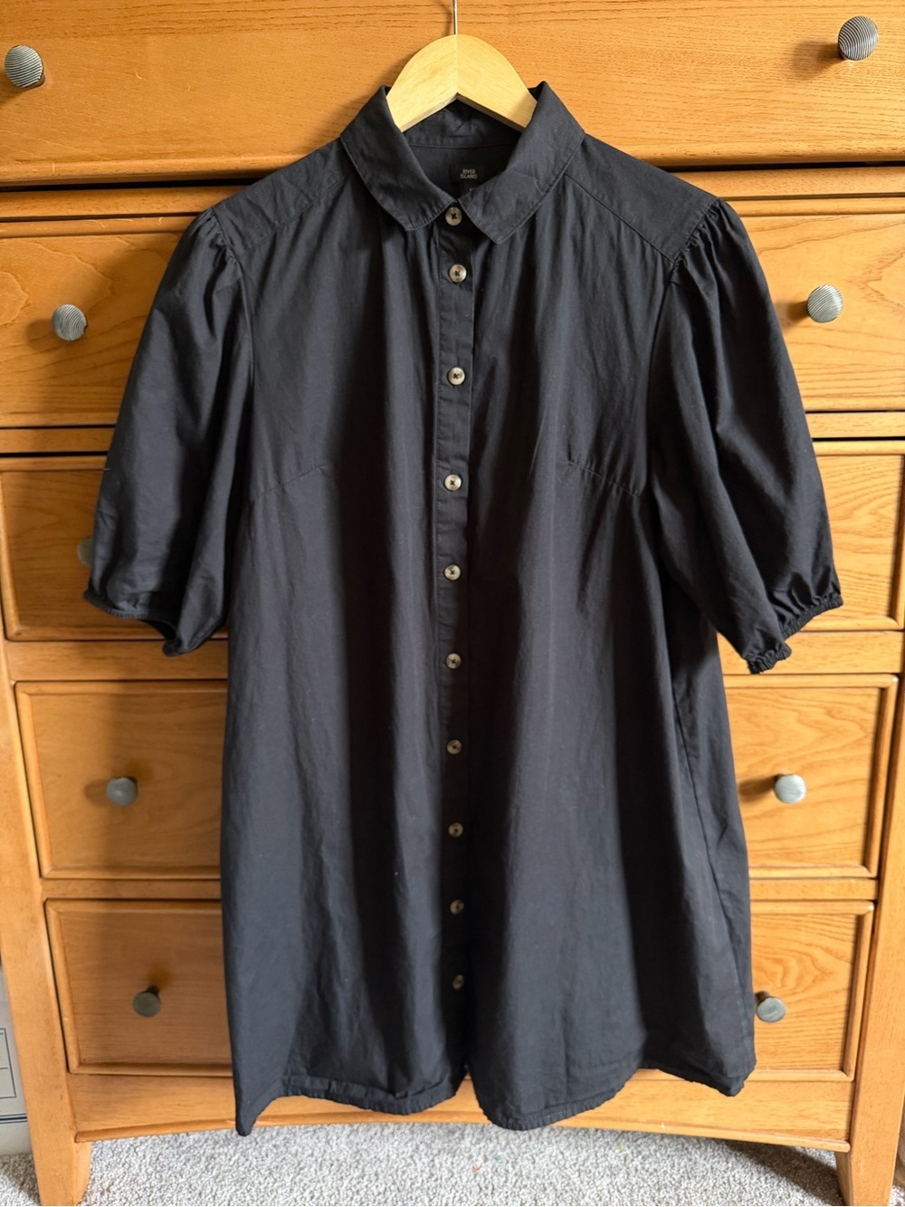 River Island Puff Sleeve Cotton Shirtdress Womens Size 12 Black Minimalist City